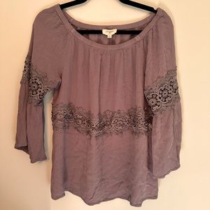 Umgee Top Womens large Boho Grey Crochet Detail 3/4 Sleeve Casual Ladies
